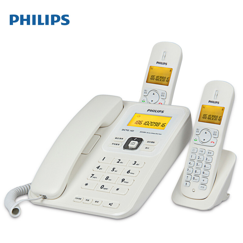 飛利浦(PHILIPS）無(wú)繩電話(huà)機(jī) 無(wú)線(xiàn)座機(jī) 子母機(jī) 辦公家用 中文菜單 雙免提 三方通話(huà) DCTG182一拖二(白色)