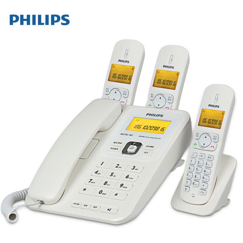  飛利浦(PHILIPS）無(wú)繩電話(huà)機(jī) 無(wú)線(xiàn)座機(jī) 子母機(jī) 辦公家用 三方通話(huà) 中文菜單 雙免提 DCTG182一拖三(白色)