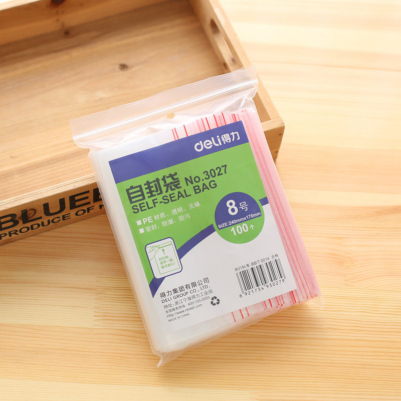 得力（deli） 3027 自封袋(透明)-8號(100個/包)240ｘ170mm0.04mm_http://lucerna.cn/img/sp/206/8c57c53e-24cf-4d6c-a371-3fd0c02cb402.jpg