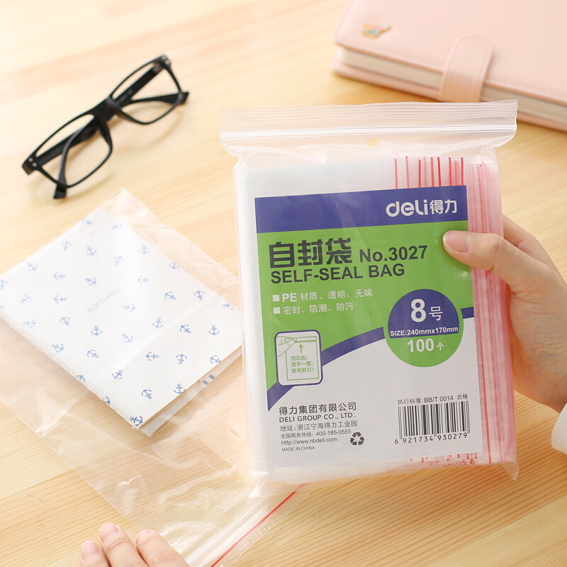 得力（deli） 3027 自封袋(透明)-8號(100個/包)240ｘ170mm0.04mm_http://lucerna.cn/img/sp/206/af8befdc-1ad5-4329-9360-ce721e30343f.jpg