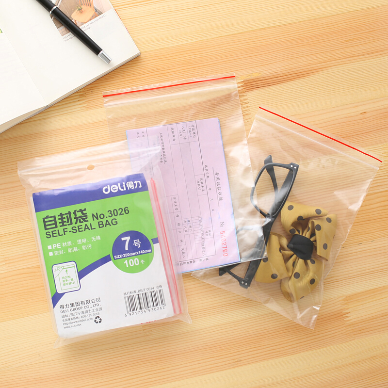 得力（deli） 3026 自封袋(透明)-7號(hào)(100個(gè)/包)200ｘ140mm0.04mm_http://lucerna.cn/img/sp/206/c5f1a81b-3433-4b02-b273-1880ed038910.jpg