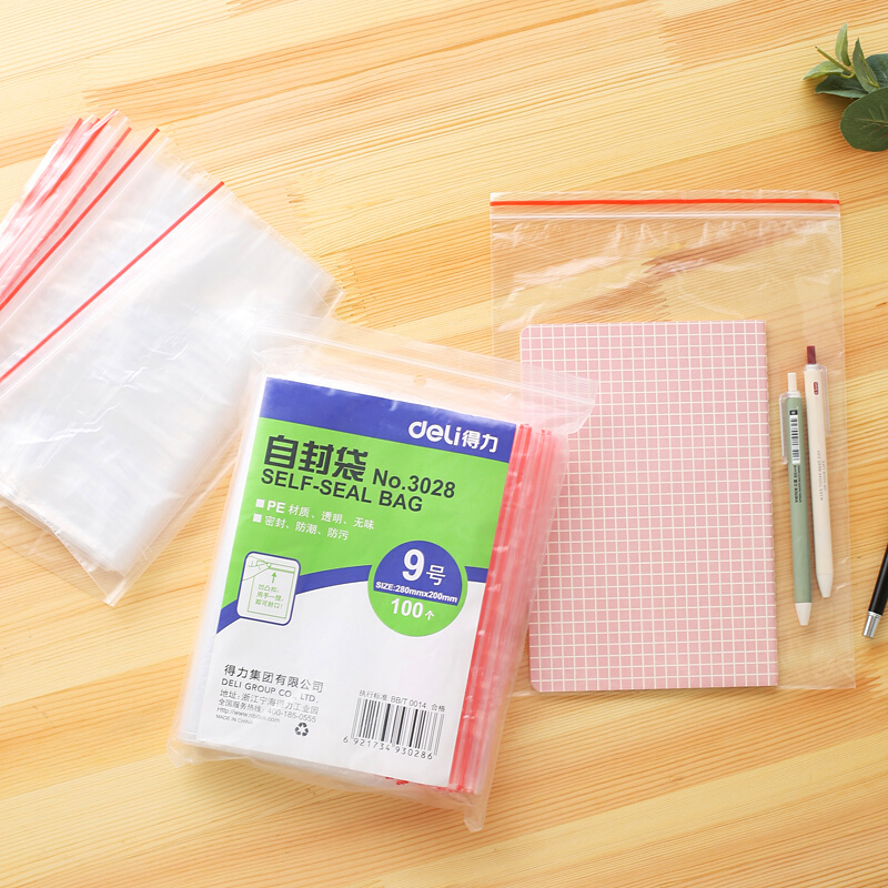 得力（deli） 3028 自封袋(透明)-9號(100個/包)280ｘ200mm0.04mm_http://lucerna.cn/img/sp/206/c6c3f7f6-77e8-478e-ba57-5e64efd60102.jpg