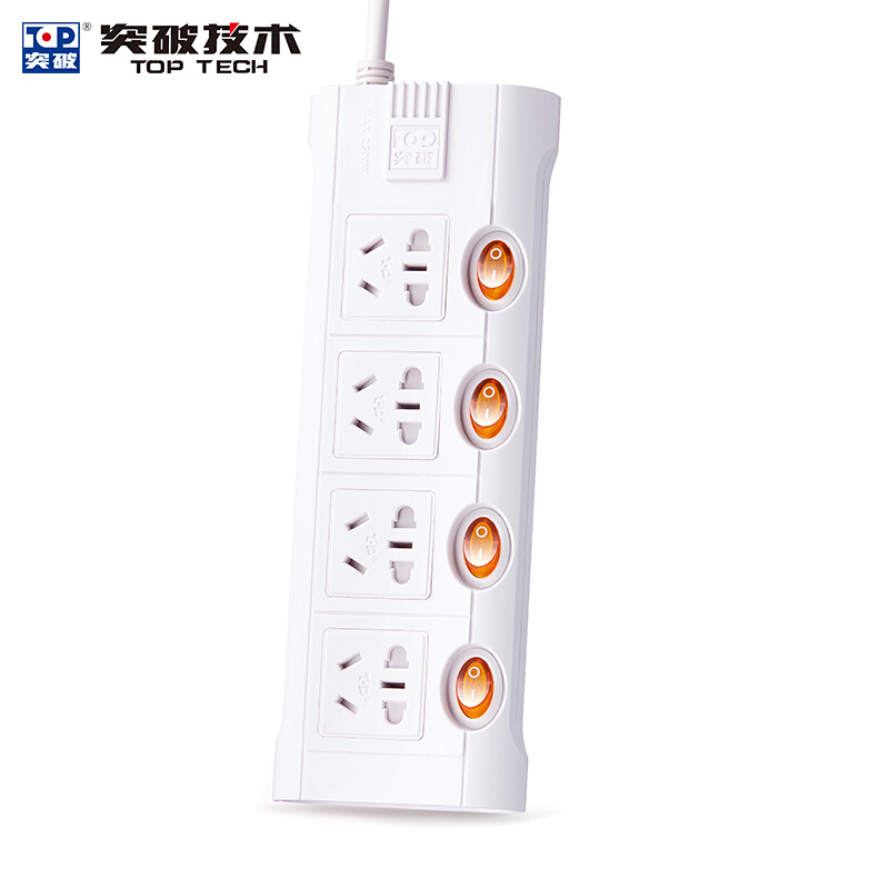 突破（TOP） TZ-D4K4 新國標帶兒童保護門插座接線板智能過載自動斷電分控獨立開關(guān)4孔3米 3米線長